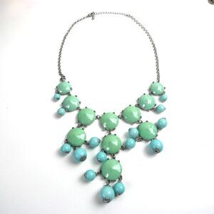Green Blue Dangle Beaded Bib Statement Necklace SilverTone Plus Size Friendly